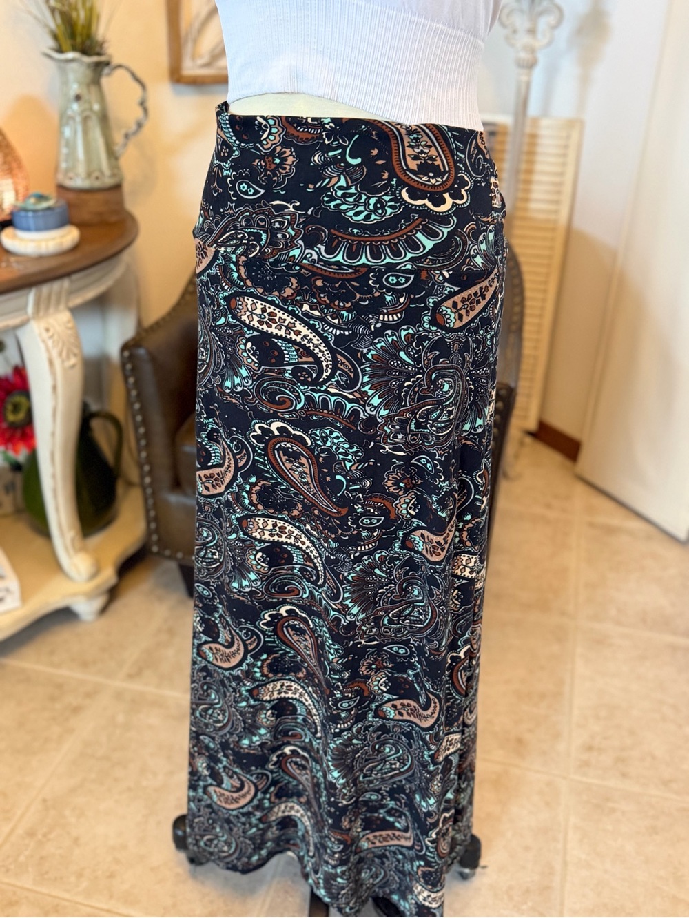 Paisley Maxi Skirt - Black with Teal and Tan